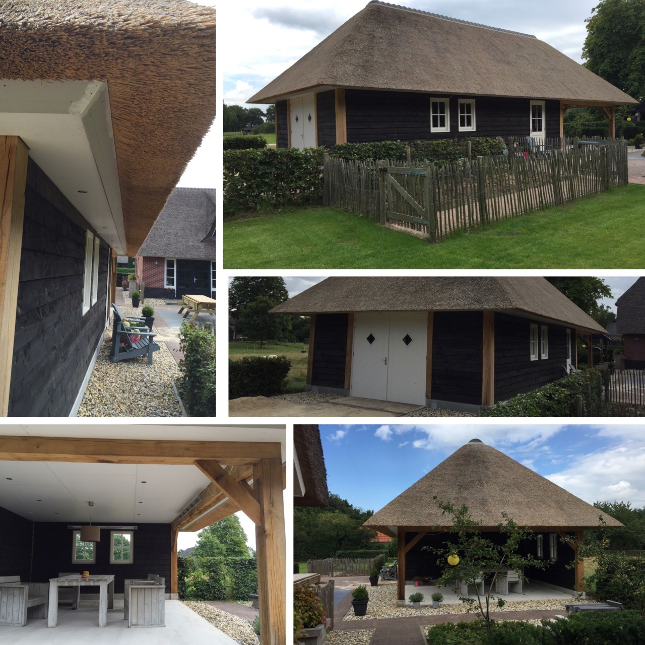 Collage van een bijgebouw met een rieten dak en een zwarte houten gevel.