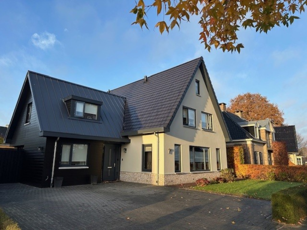 Moderne witte nieuwbouwwoning en een donker zadeldak.